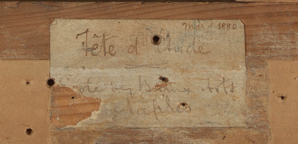 Label on the verso, at the upper left of the stretcher of Portrait of a Young Woman: ‘Mars 1880 // Tête d’étude // Ecole des Beaux Arts // Naples’