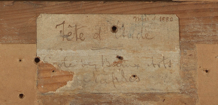 Label on the verso, at the upper left of the stretcher of Portrait of a Young Woman: ‘Mars 1880 // Tête d’étude // Ecole des Beaux Arts // Naples’