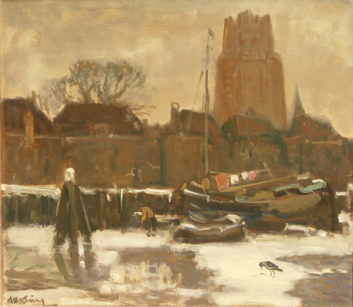 Arnold Koning, Harbour in Dordrecht with Hooded Crow (View of Hooikade), c. 1887, oil on canvas, 39 × 44.5 cm, private collection