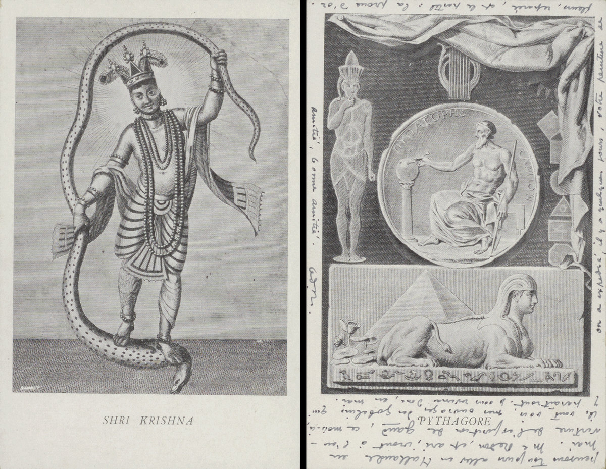 Pair of commercial postcards sent by Odilon Redon to Andries Bonger, featuring Krishna, dated 6 May 1913, and Pythagoras in Egypt, dated August 1913. Andries Bonger Archive, Rijksmuseum, Amsterdam