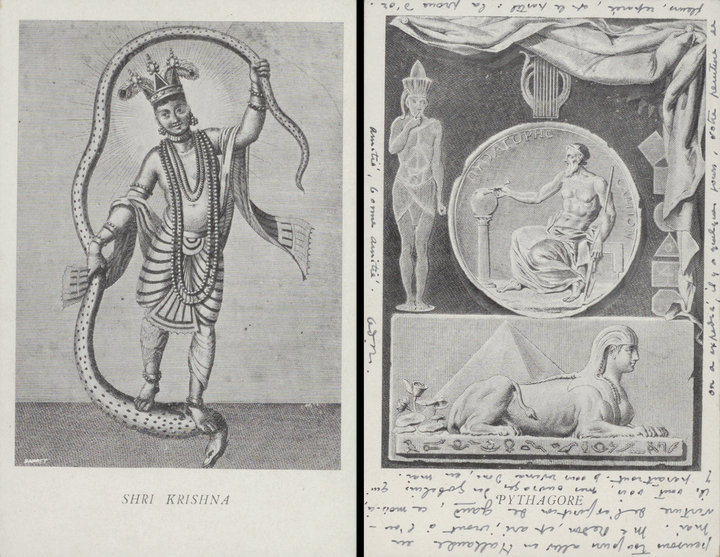 Pair of commercial postcards sent by Odilon Redon to Andries Bonger, featuring Krishna, dated 6 May 1913, and Pythagoras in Egypt, dated August 1913. Andries Bonger Archive, Rijksmuseum, Amsterdam