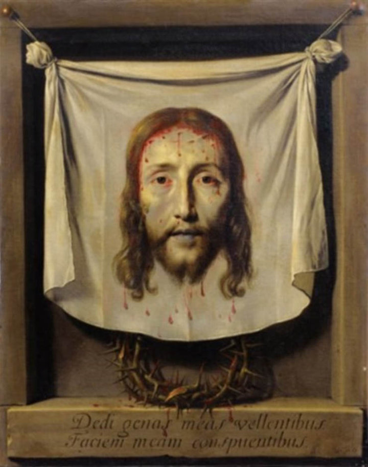 Philippe de Champaigne, La sainte face of Le voile de Sainte Véronique, date unknown. Oil on canvas, 70.2 × 56 cm. Private collection