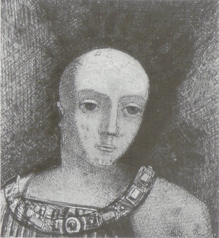 Odilon Redon, Man with a Chain around his Neck, c. 1875. Black chalk on paper, 13 × 11.7 cm. Whereabouts unknown