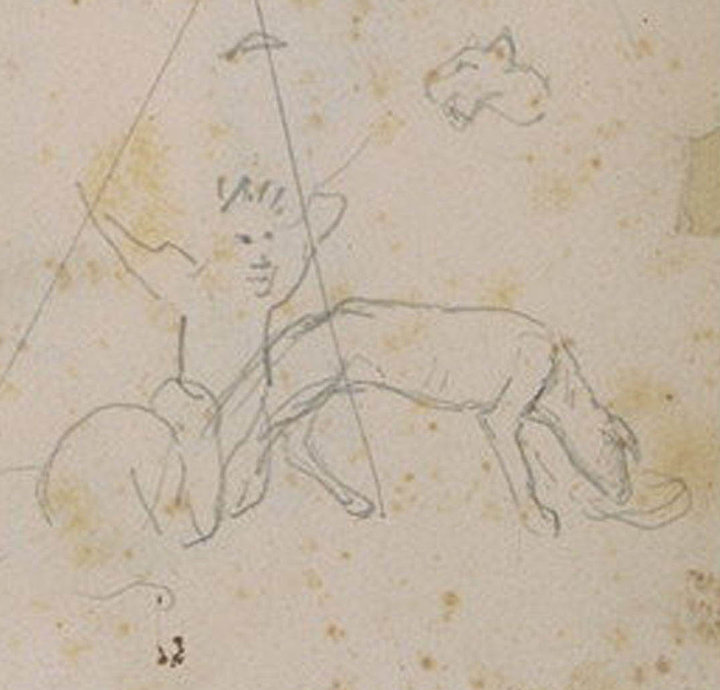 Paul Gauguin, Sketches of Animals and a Figure with Raised Arms, 1887, black chalk on paper, 18.6 × 13.8 cm, Musée d’Orsay, Paris