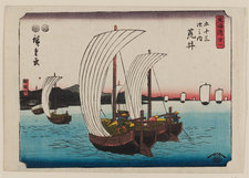 Utagawa Hiroshige, Arai: The Checkpoint, no. 31 from the series The Tōkaidō Road – The Fifty-three Stations (Tōkaidō – Gojūsan tsugi no uchi), 1850–51 Colour woodblock print, 17.7 cm × 25.5 cm Museum of Fine Arts, Boston, William Sturgis Bigelow Collection