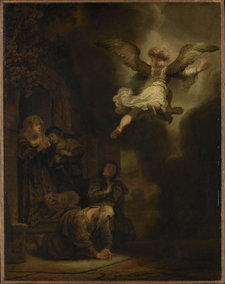 Attributed to Eugène Delacroix, The Archangel Raphael Leaving Tobit and his Family (after Rembrandt), c. 1850. Oil on canvas, 36 × 27 cm. Palais des beaux-arts de Lille, Lille