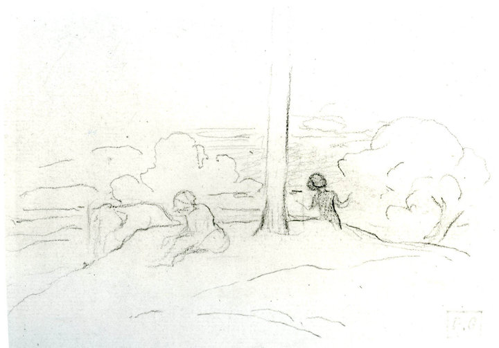 Fig. 5 Paul Gauguin, Landscape with Trees, Cows and Two Women, 1887, black chalk on paper, approx. 16 × 11 cm, private collection