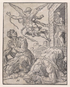 Maarten van Heemskerck (design), The Angel Raphael Leaving Tobit and his Family, c. 1548. Woodcut on paper, 24.1 × 18.9 cm. Museum Boijmans Van Beuningen, Rotterdam, from the estate of Dr. J.C.J. Bierens de Haan 1951