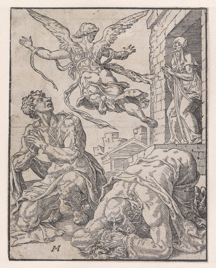 Maarten van Heemskerck (design), The Angel Raphael Leaving Tobit and his Family, c. 1548. Woodcut on paper, 24.1 × 18.9 cm. Museum Boijmans Van Beuningen, Rotterdam, from the estate of Dr. J.C.J. Bierens de Haan 1951