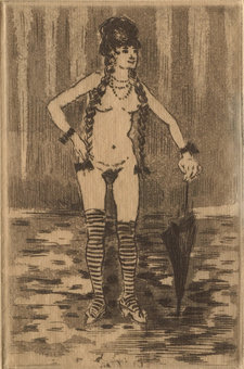Jean-Louis Forain, Rejected Frontispiece for Marthe: Histoire d’une fille, 1879, etching and aquatint on laid paper, 19.2 × 11.8 cm, Clark Art Institute, Williamstown, MA, acquired by the Clark