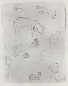 Paul Gauguin, Various Sketches of Pigs, Cats and a Hatted Man, 1887, pencil on paper, 18.9 × 14.6 cm, Collection Dr Axel and Georgia Franz, Germany