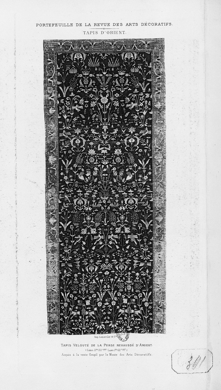 Persian velvet carpet with highlights in silver. Acquired at the Goupil sale by the Musée des Arts Décoratifs, Paris Revue des arts décoratifs, 1888, p. 216 