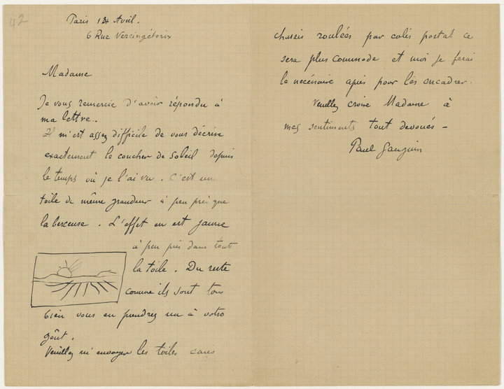 Paul Gauguin, letter to Jo van Gogh-Bonger, with a letter sketch of Wheatfield with Reaper and Sun by Vincent van Gogh, 14 April 1894, Van Gogh Museum (Vincent van Gogh Foundation