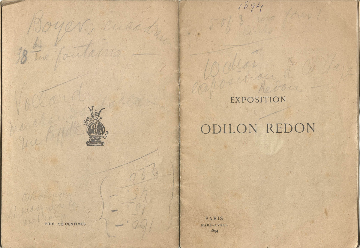 Cover of the catalogue for the exhibition Odilon Redon at Galeries Durand-Ruel in Paris in 1894, with notes in graphite by Andries Bonger. Rijksmuseum, Amsterdam, Andries Bonger Archive