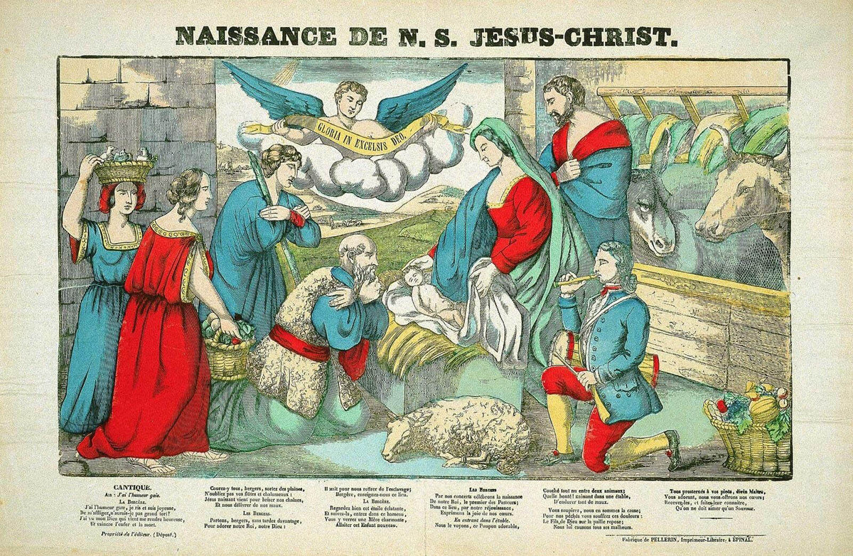 Nativity (Naissance de N.S. Jesus-Christ), 1841, wood engraving in black, coloured with a template, 41.7 × 64 cm, Musée de l’Image, Epinal, MUDAAC collection Photo: musée de l'Image – Ville d’Épinal / cliché H. Rouyer