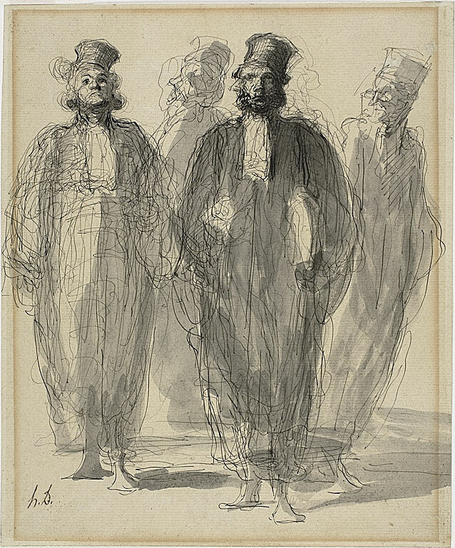 Honoré Daumier, Four Lawyers, 1857–70, pen and black ink, and brush and grey wash, on greyish-cream laid paper laid down on cream wove paper, 27.1 x 22.5 cm, Art Institute of Chicago. Gift of Mary and Leigh Block  