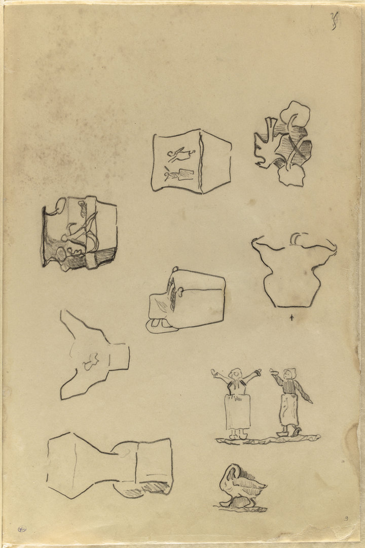 Paul Gauguin, Study Sheet with Ceramic Pots from the Album Briand, 1887–88, black chalk on paper, 34.3 × 22.8 cm, Musée d’Orsay, Paris