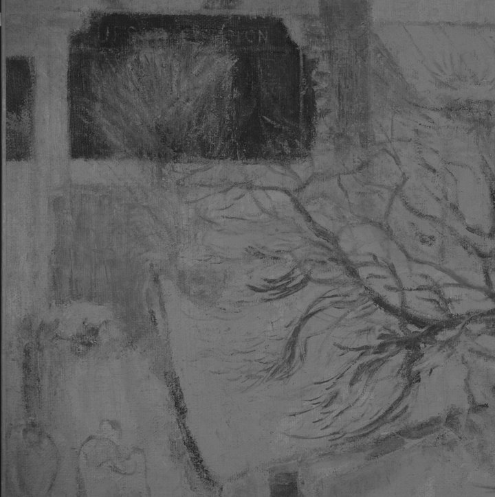 Detail of the infrared reflectogram of Paris in the Snow, showing the area with vertical lines on the left.