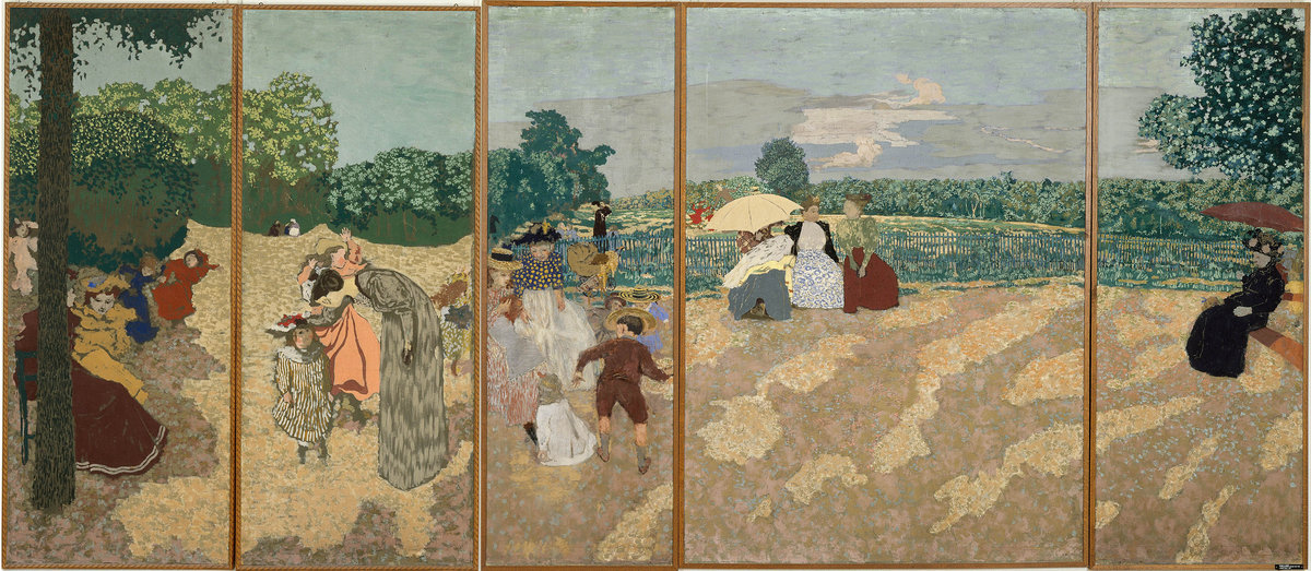 Edouard Vuillard, Jardins publics, 1894. Five of nine decorative panels, distemper (peinture à la colle) on canvas, together approx. 214 × 480 cm. Musée d’Orsay, Paris