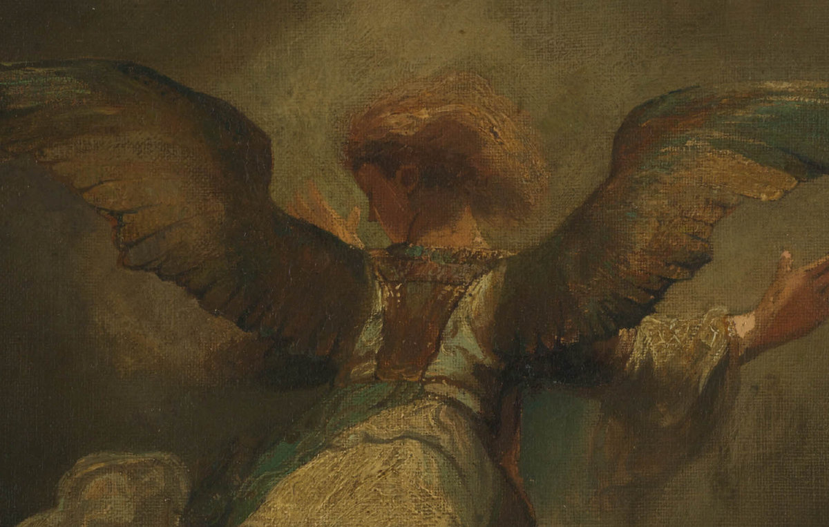 Odilon Redon, The Angel Raphael Leaving Tobit and his Family (after Rembrandt), 1862–64, in its original frame by Boyer. Van Gogh Museum, Amsterdam (State of the Netherlands)