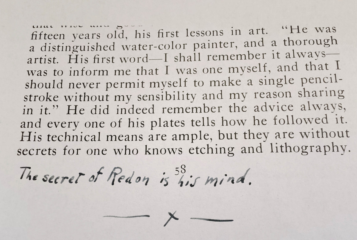 Detail of an article on Redon preserved in the Andries Bonger Archive in the Rijksmuseum with   an anonymous note written in pen and ink, and signed (or decorated) with an ‘X’: ‘The secret of Redon is his mind’ 