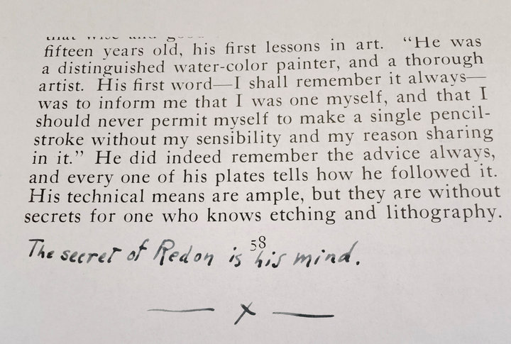 Detail of an article on Redon preserved in the Andries Bonger Archive in the Rijksmuseum with   an anonymous note written in pen and ink, and signed (or decorated) with an ‘X’: ‘The secret of Redon is his mind’ 