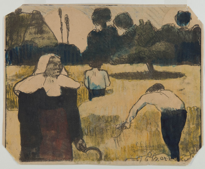 Emile Bernard, Les Bretonneries: The Reapers, 1889, zincograph coloured in with watercolour, 24.5 × 30.5 cm,Städtische Kunsthalle Mannheim. Photo: Kunsthalle Mannheim / Cem Yÿcetas