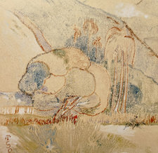 Paul Gauguin, The Mango Tree, 1894, watercolour monotype, selectively heightened with water-based colour and white chalk, on paper, laid down on presentation mount, 17 x 17.7 cm, private collection 