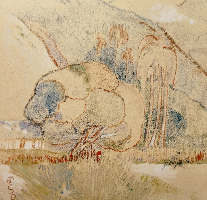 Paul Gauguin, The Mango Tree, 1894, watercolour monotype, selectively heightened with water-based colour and white chalk, on paper, laid down on presentation mount, 17 x 17.7 cm, private collection 