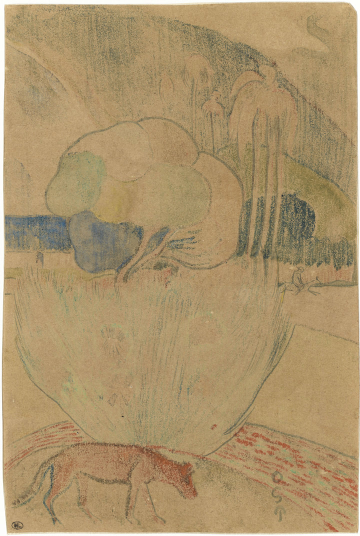 Paul Gauguin, The Mango Tree, 1894, watercolour monotype, selectively heightened with water-based colour and white chalk, on paper, laid down on presentation mount, 26.4 x 17.7 cm, Musée d’Orsay, Paris 
