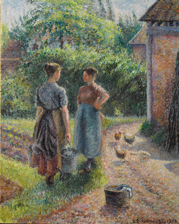 Camille Pissarro, Peasant Women Chatting in the Courtyard of a Farm, Eragny, 1889–1902, Oil on canvas, Private Collection. Photo: © Sotheby’s 