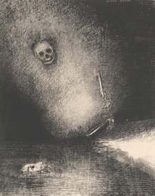 Odilon Redon, Le rêve s’achève par la mort, from the print series Le Juré, 1887. Lithograph in black on chine collé on wove paper, 23.8 × 18.9 cm. Van Gogh Museum Amsterdam, on loan from the Netherlands Art Property Collection, consisting of works recovered from Germany after World War II and held in trust by the Dutch State, p2751-008N2012