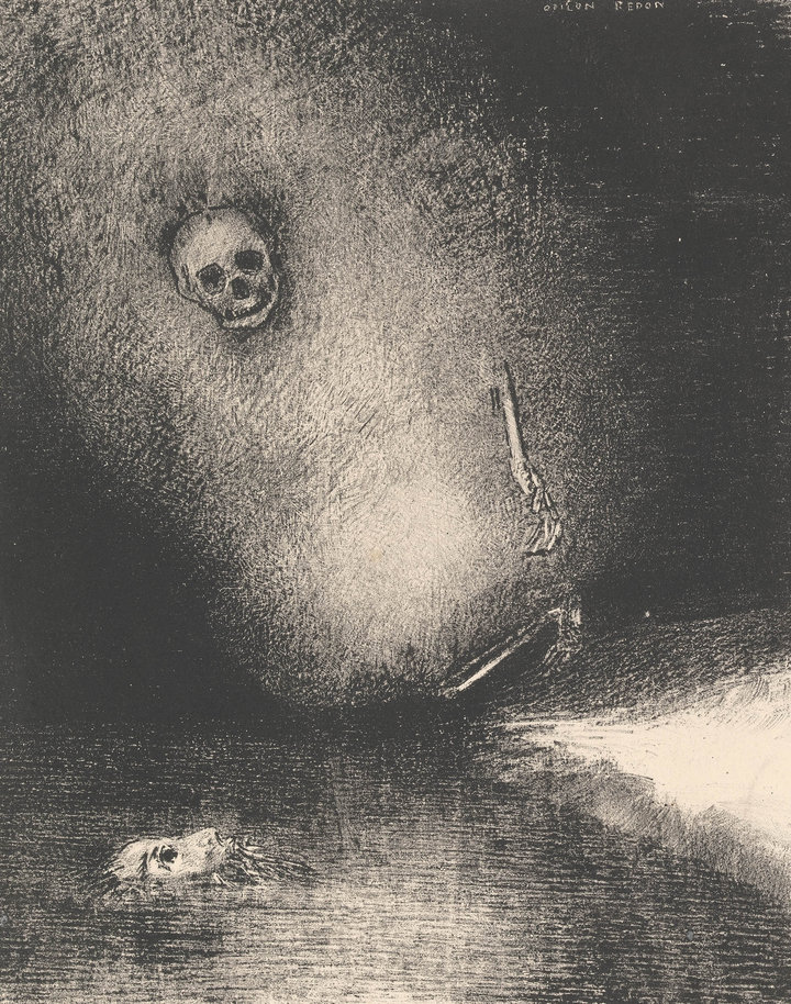 Odilon Redon, Le rêve s’achève par la mort, from the print series Le Juré, 1887. Lithograph in black on chine collé on wove paper, 23.8 × 18.9 cm. Van Gogh Museum Amsterdam, on loan from the Netherlands Art Property Collection, consisting of works recovered from Germany after World War II and held in trust by the Dutch State, p2751-008N2012