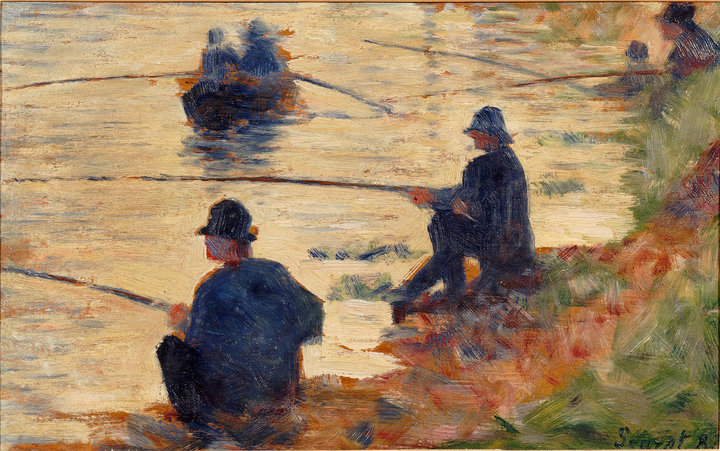 Georges Seurat, The Anglers, Study for La Grande Jatte, 1883, oil on canvas, 16 × 25 cm, Musée d’art moderne, Troyes. Photo: RMN-Grand Palais / Gérard Blot