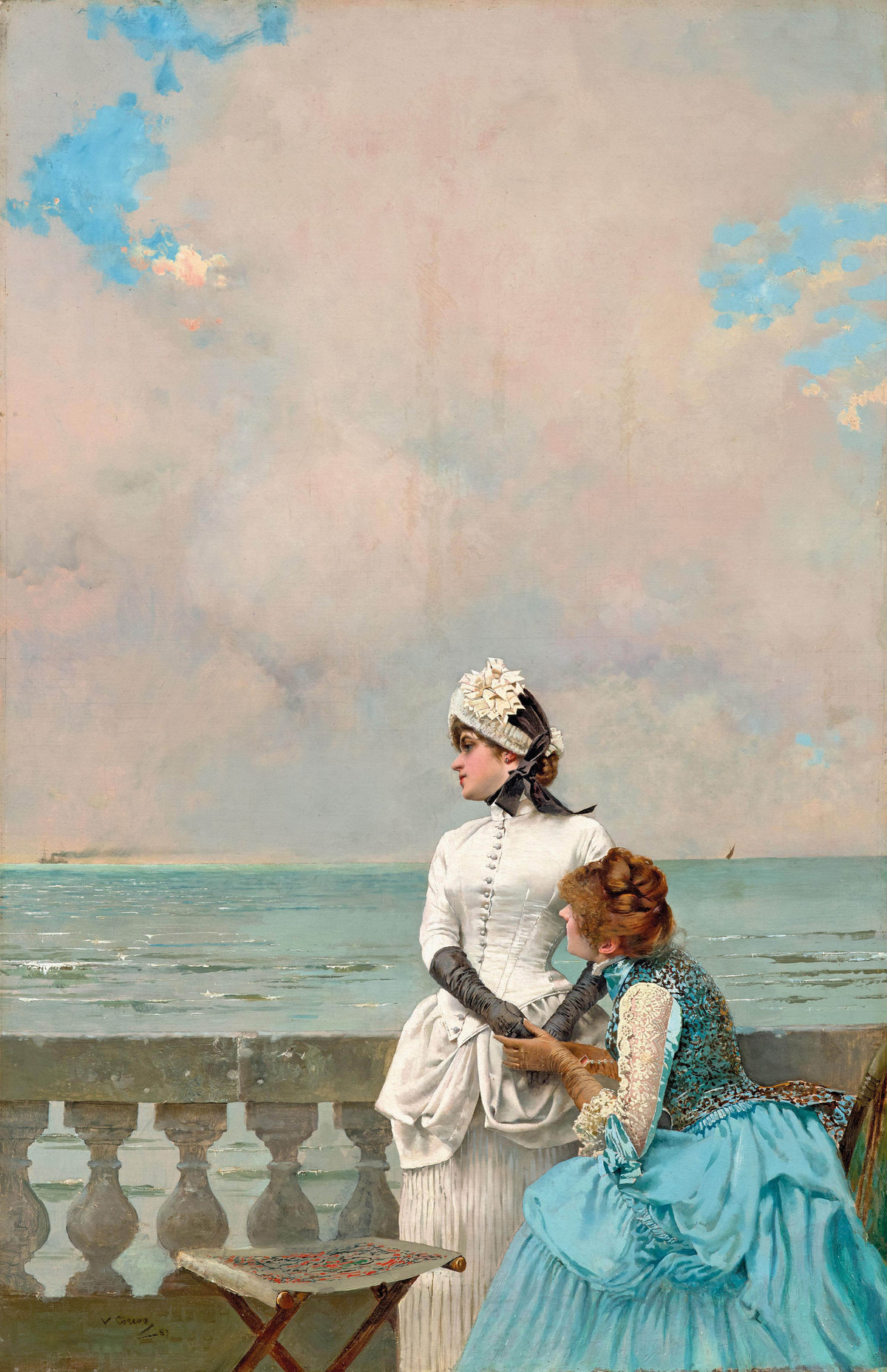 Vittorio Matteo Corcos, Tell Me Everything! (Dis-moi tout!), 1883, oil on canvas, 93 × 60 cm, private collection. Sold through Goupil in 1884. Auctioned at Dorotheum, Vienna, 24 October 2018: 19th Century Paintings, Lot 534.