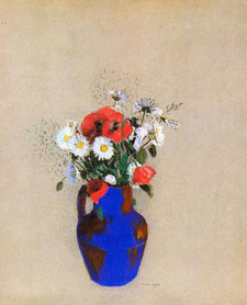 Odilon Redon, Poppies and Daisies in a Blue Vase, c. 1905. Pastel on grey-blue paper, discoloured to grey, 56 × 45.5 cm. Private collection, France