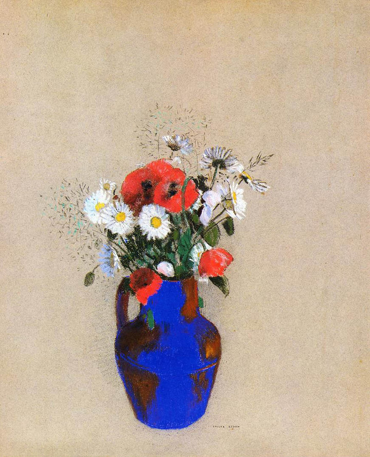 Odilon Redon, Poppies and Daisies in a Blue Vase, c. 1905. Pastel on grey-blue paper, discoloured to grey, 56 × 45.5 cm. Private collection, France
