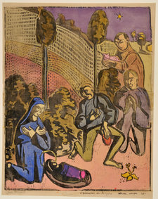 Emile Bernard, Adoration of the Shepherds, 1889, woodcut in black and coloured with watercolour, 60.3 × 47.1 cm,  Bibliothèque de l'Institut National d'Histoire de l'Art, Collection Jacques Doucet, Paris