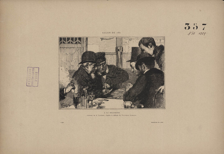 At the Brasserie (À la brasserie), after the painting by Vittorio Matteo Corcos exhibited at the Salon of 1881.  Wood engraving by Auguste Lepère published in L’Art, 1881, vol. XXVI, p. 228.  MAH Musée d’art et d’histoire, Ville de Genève (inv. no. E 2017-0498) 