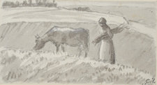 Camille Pissarro Compositional Study of a Female Peasant Walking to the Left Carrying Faggots in a Landscape with a Cow, n.d., Oxford, Ashmolean Museum, Photo: © Ashmolean Museum, University of Oxford
