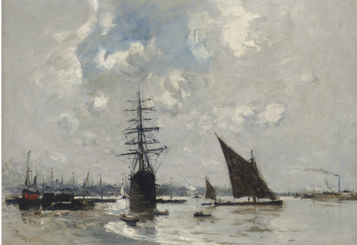 Frank Myers Boggs, Ships on the Thames, date unknown, oil on canvas, 45.7 x 65.4 cm, whereabouts unknown