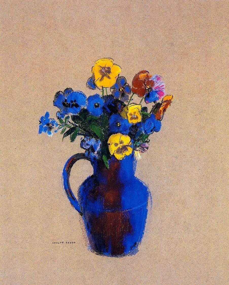 Odilon Redon, Pansies, c. 1905. Pastel and black chalk on blue-grey wove paper, discoloured to brown, 62.3 × 48.5 cm. Private collection